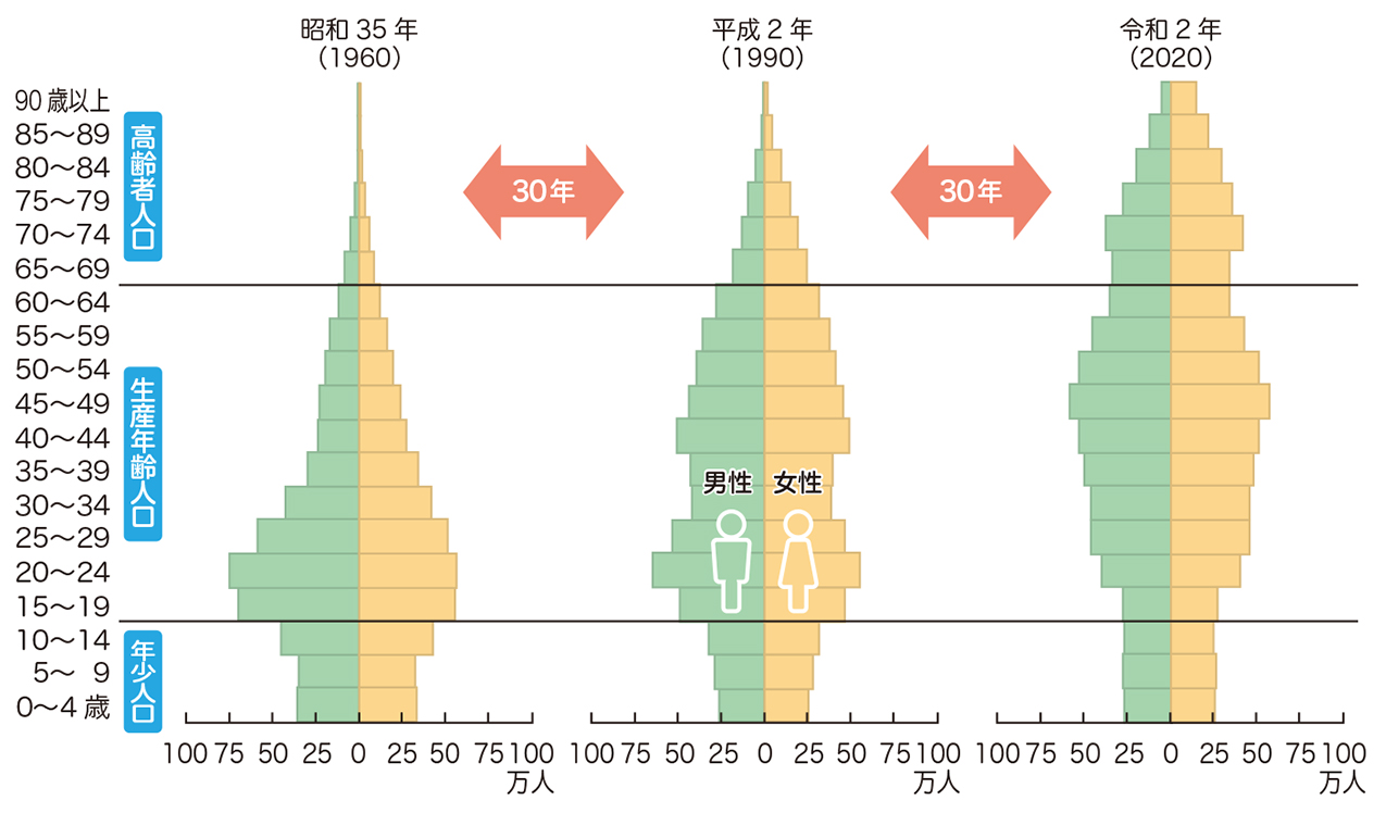 人口ピラミッド(男女、年齢5歳階級別の人口の分布)