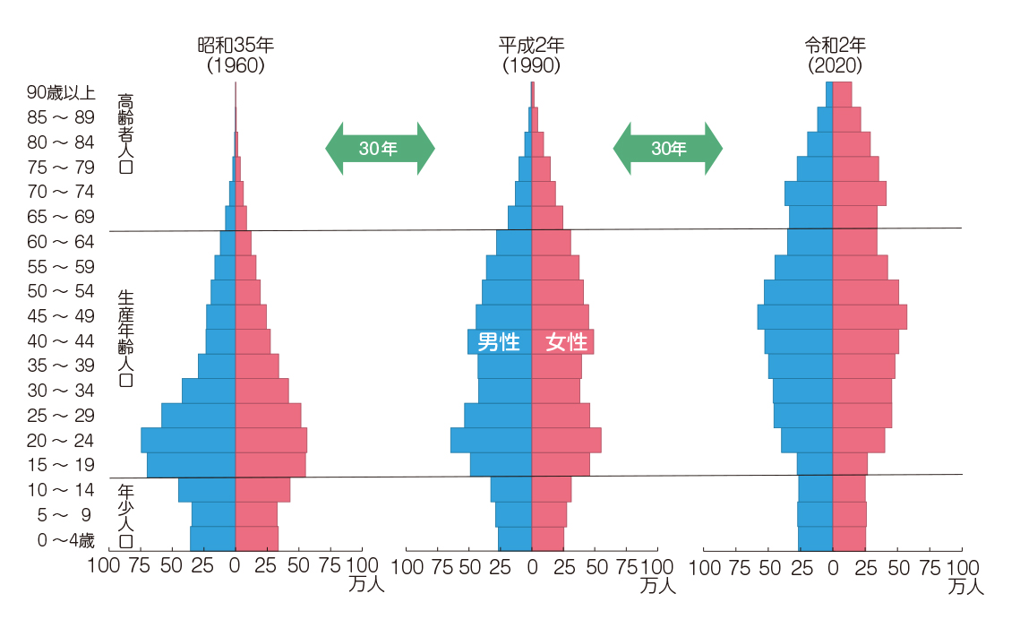 人口ピラミッド(男女、年齢5歳階級別の人口の分布)
